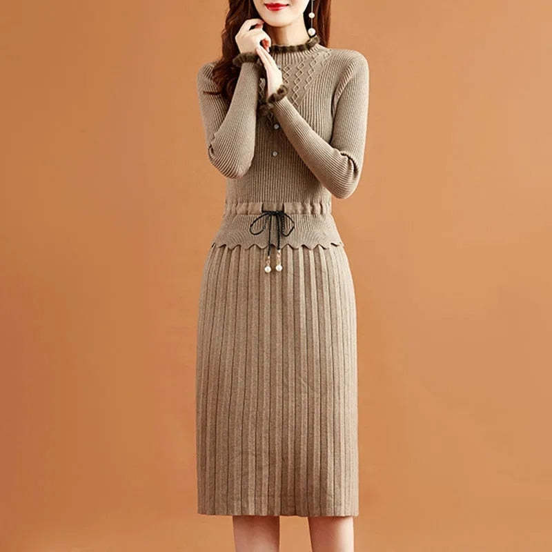 vmtvr - Fake Two Pieces Pleated Knitted Dress Women Vintage Ruffle Long Sleeve Bottoming Sweater Dresses Fall Casual Slim Midi Vestidos