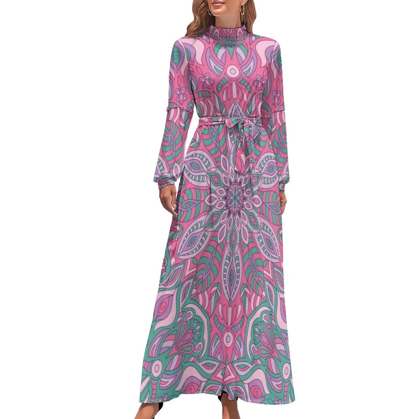 vmtvr - Ethnic Bohemia Dress Retro Floral Print Basic Beach Dresses Female Long Sleeve High Neck Elegant Long Maxi Dress