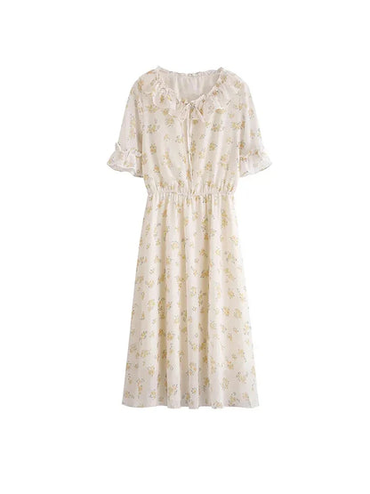 vmtvr Chiffon Women Long Dress Summer Fashion Floral Print Short Sleeve High Waist Beach Midi Dress Elegant Ruffles Ladies Dress