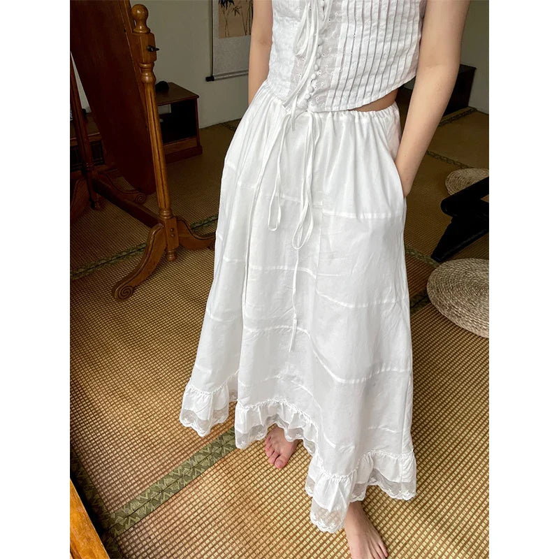 vmtvr  -  Summer French Sweet Long Dress Lace Splicing Skirts for Woman New Niche Drawstring A-line Skirt Female Faldas White Mujeres