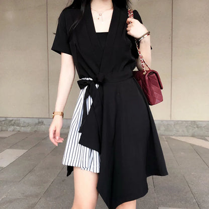 vmtvr Stripe Patchwork Women Dress Korean Fashion Bandage Irregular Dress Y2K Casual Female Ball Gown Dresses Summer New