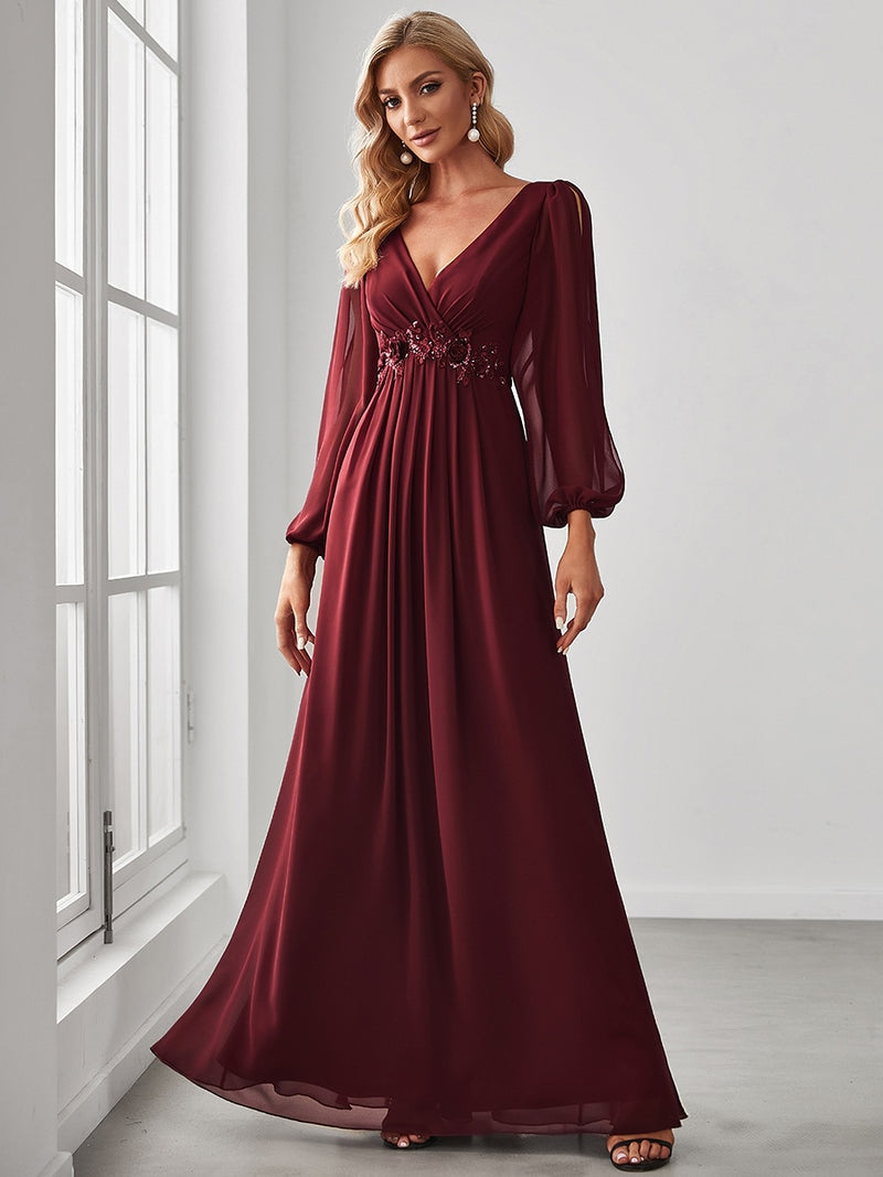 vmtvr - Elegant Evening Dresses Long Lantern Sleeves V-neck 2023 ever pretty of A-LINE Chiffon Burgundy flower beltbelt Prom Dress Women