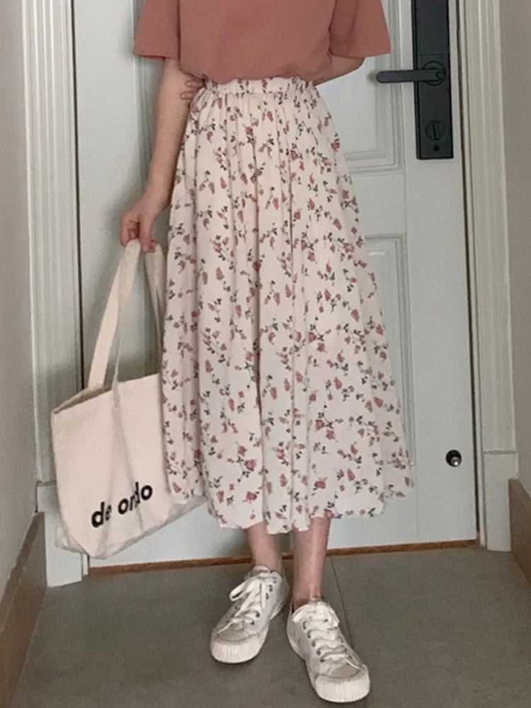 vmtvr Vintage Floral Print A-line Pleated Long Skirts Summer Women 2024 Korean Skirt Streetwear Drawstring Elastic Waist Midi Skirt