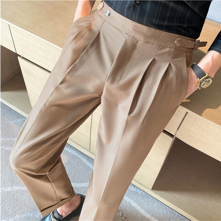 jiaabc British Style Men High Waist Casual Business Dress Pants Streetwear New Fashion Social Belt Decoration Slim Fit Suit Pants