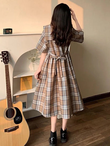 vmtvr Japan Sweet Sailor Collar Plaid Dress Women Fashion Preppy Style Cute Bow Short Sleeve Midi Dress Summer Lace Up Vestidos