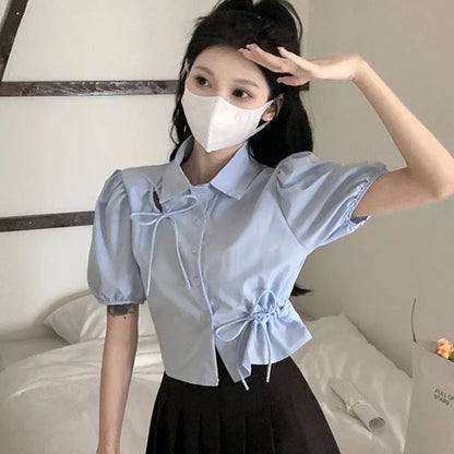 vmtvr Elegant Women Bow Shirt Korean Fashion Design Chic Tops Y2K Casual Female All Match Puff Sleeve Shirt Summer New