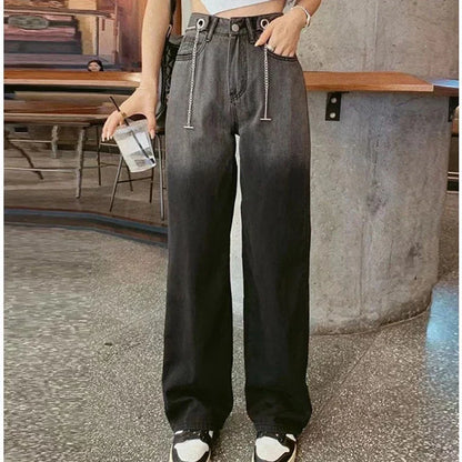 vmtvr High Waist Women Gradient Jeans Korean Fashion Designed Chains Loose Wide Leg Pants Summer All Match Female Denim Trousers