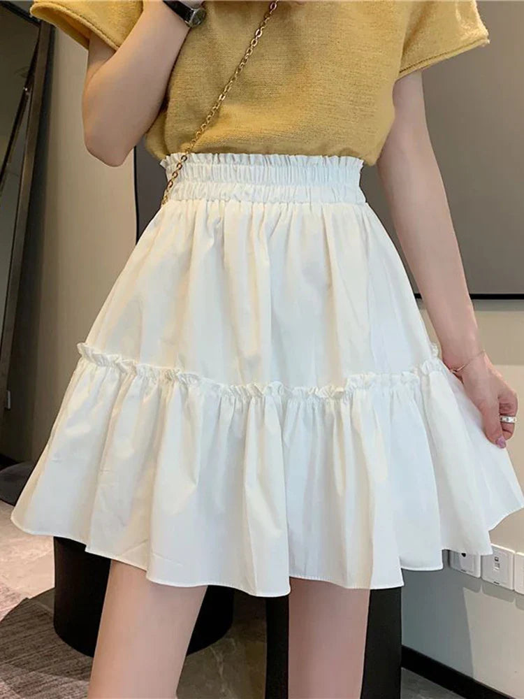 vmtvr Sweet Preppy Style White Mini Skirt Women Elegant Fashion High Waist A Line Skirt Korean All Match Loose Summer Skirt New