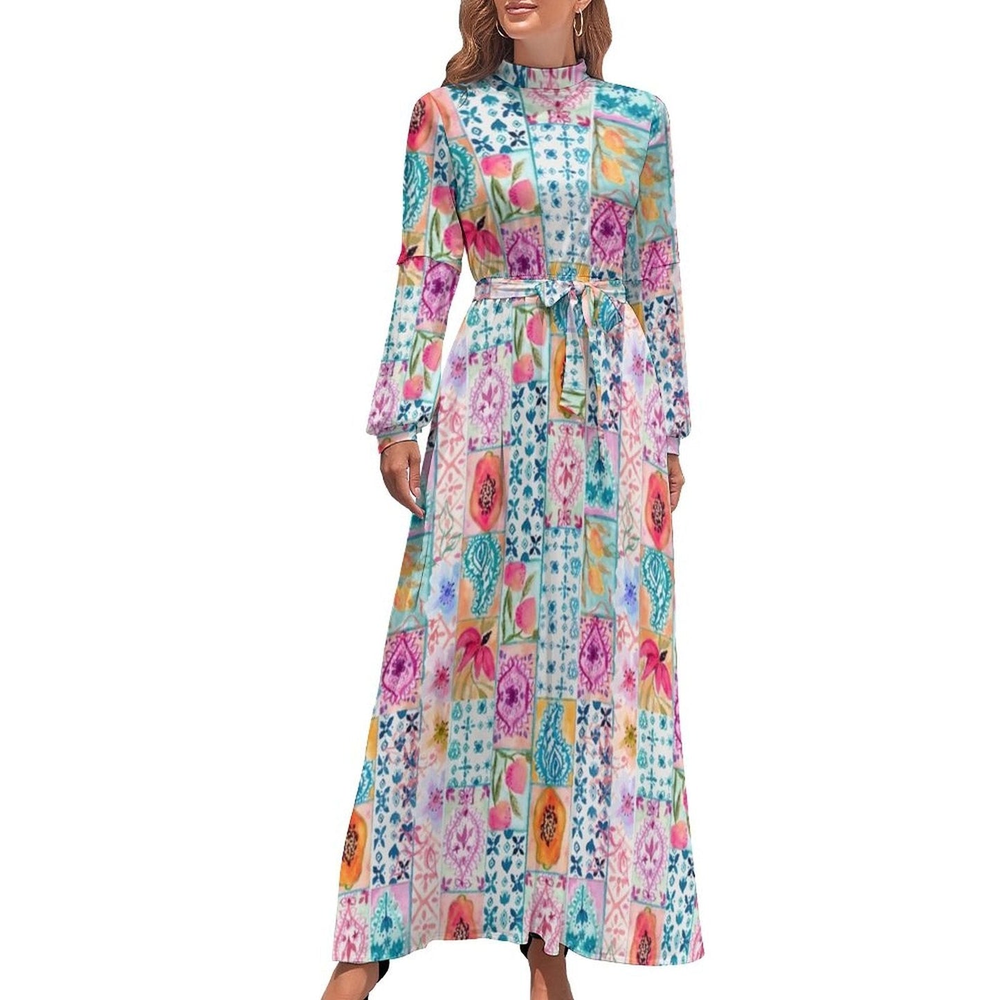 vmtvr - Ethnic Bohemia Dress Retro Floral Print Basic Beach Dresses Female Long Sleeve High Neck Elegant Long Maxi Dress