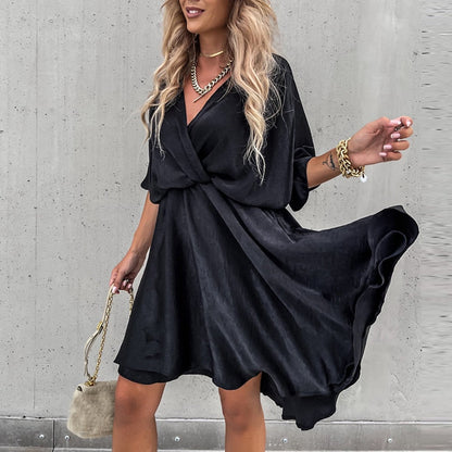 Sexy V Neck Dresses For Women Elegant Short Sleeve Solid A-line Loose Mini Dress Women Casual Beach Party Dress Boho