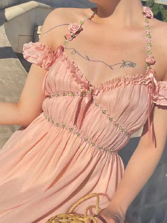 Summer Pink Casual Beach Fairy Dress Boho France Elegant Strap Dress Women Chiffon Korean Style Sweet Party Midi Dress New