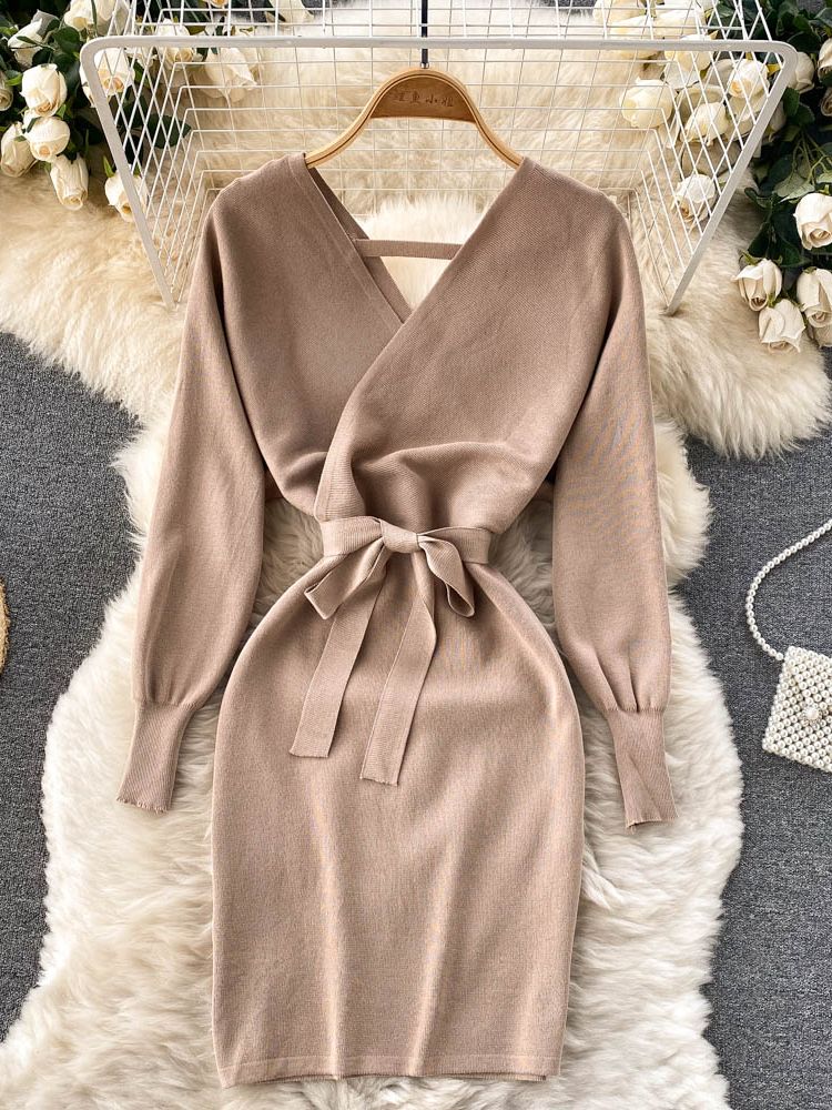 YuooMuoo Fashion Y2K Casual Vestidos Women Dress Autumn Winter Bodycon Knitted Sweater Dress Elegant  Office Ladies Dress