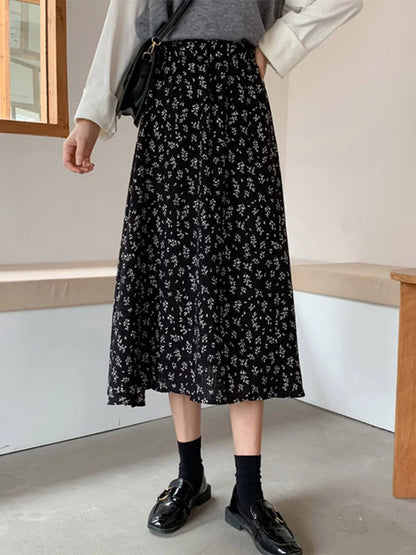 vmtvr Vintage Floral Print A-line Pleated Long Skirts Summer Women 2024 Korean Skirt Streetwear Drawstring Elastic Waist Midi Skirt