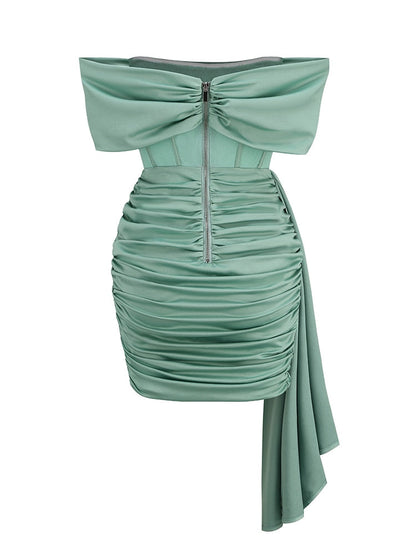 New Green Satin Draping Off Shoulder Corset Dress Elegant Backless Pleated Slim Mini Dress Celebrity Club Night Party Evening