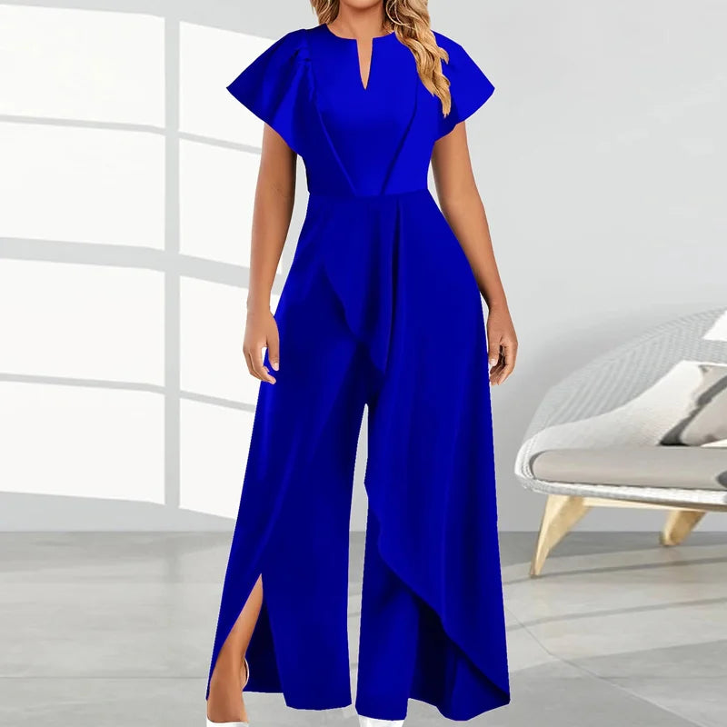 vmtvr Spring Solid V Neck Irregular Party Jumpsuit Women High Waist Wide Leg Split Pants Rompers Summer Short Sleeve Straight Overalls