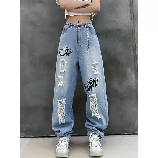 vmtvr Y2k Women Graffiti Hole Wide Leg Jeans Streetwear Fashion Casual Pants Spring Summer New High Waist Loose Vintage Denim Trousers