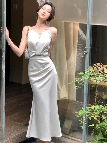 vmtvr New Summer Stain Midi Dress Women Evening Party Dress Elegant Sleeveless Slim Mermaid Prom Robe Fashion Solid One Pieces Vestido