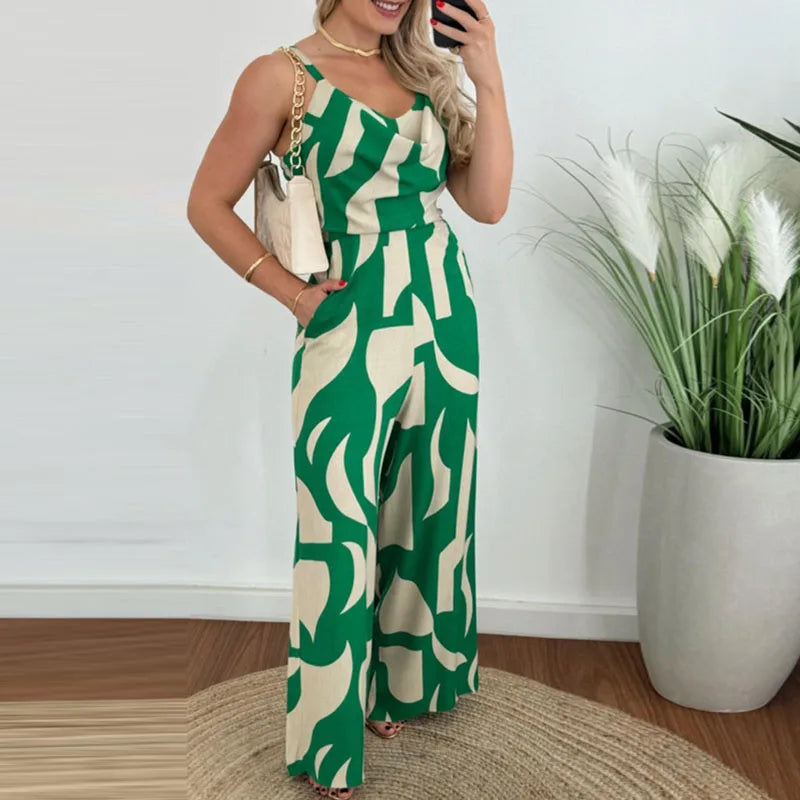 vmtvr Elegant Temperament Printed Long Pants Jumpsuit Women's Casual Pocket High Waist Romper New Summer Fashion V-Neck Slim Playsuits