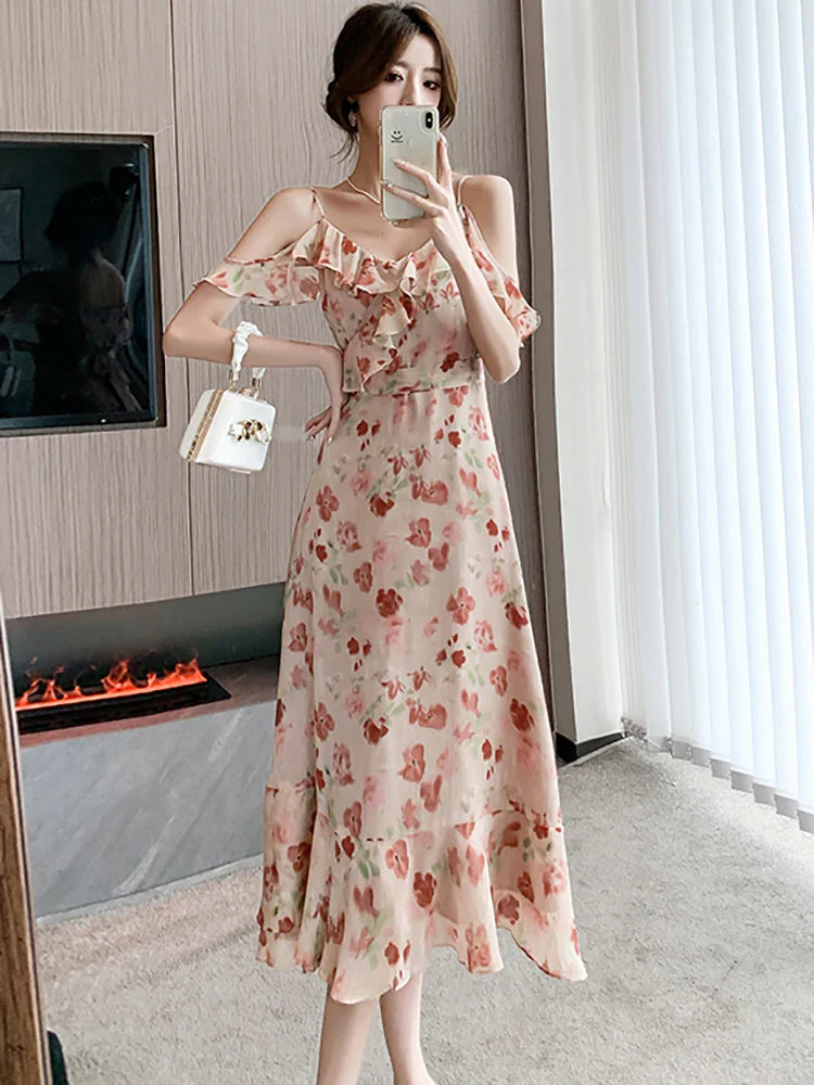 vmtvr 2024 Pink Floral Chiffon Chic Ruffled Sling Dress Women Elegant Casual Beach Dress Sets Summer Korean Fashion Casual Party Dress