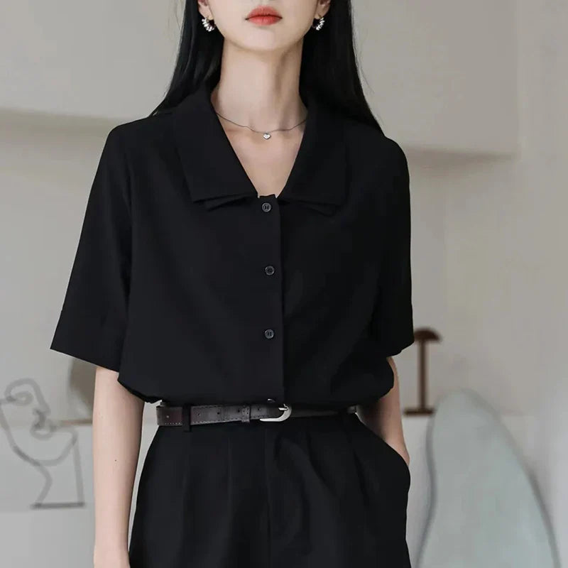 vmtvr Y2K Double Collar Chiffon Shirt Korean Fashion All Match Women Half Sleeve Tops Summer Casual Office Ladies Black Blouse