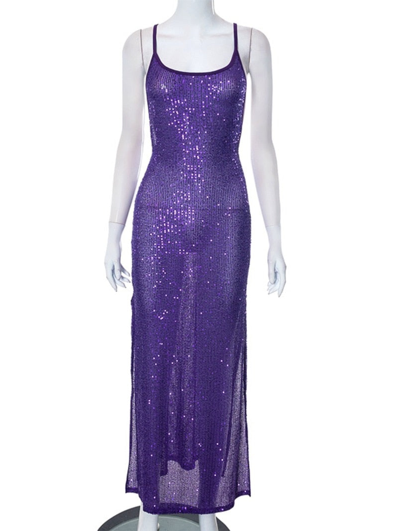 Luxury Sequins Backless Purple Summer Dress Women 2023 Sexy Sleeveless Two Sides Slit See-through Evening Party Formal Dresses