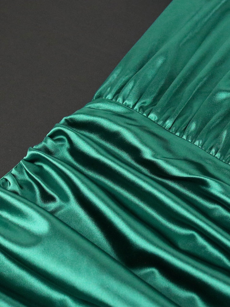 vmtvr Long Sleeve Green Dresses Bodycon Elastic Satin Smocked Midi Dress Elegant Big Size Shiny Evening Christmas Party Church Outfits