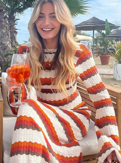 Women Elegant Striped Backless Knitted Maxi Dress Female Flare Long Sleeve O Neck Dresses  Summer Female Casual Vestidos