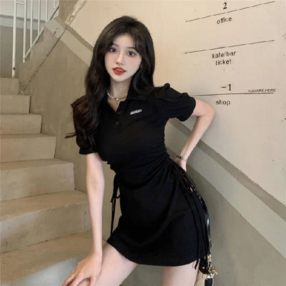 vmtvr women shirred pink dress summer streetwear Lace up female bodycon mini Dresses Y2K korean casual sexy short sleeve dress