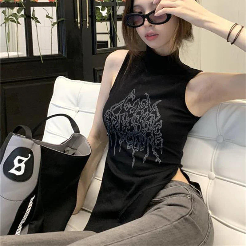 vmtvr Summer Fashion Printed T Shirts Women Casual Streetwear Slim Tops Y2K Female All Match Slit Sleeveless Tees