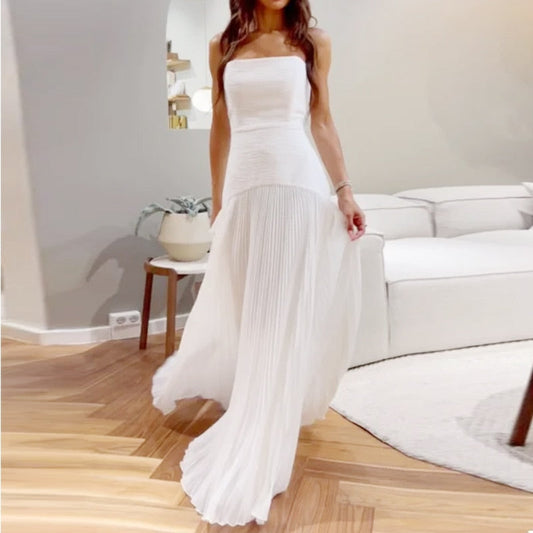 Women Maxi Dress Summer Fashion Strapless Pleated Solid Sleeveless Slim Nipped Waist Evening Party Dresses Streetwear