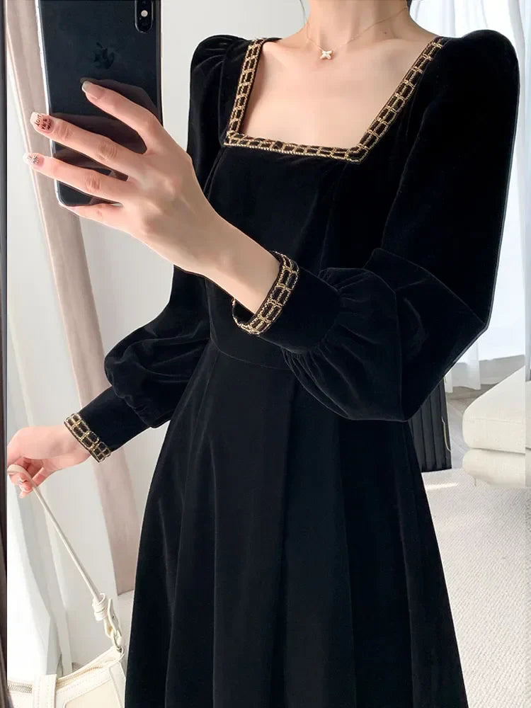 vmtvr New French Vintage Elegant Dresses for Women Long Sleeve Streetwear Office Lady Solid Square Collar New Autumn Winte Dress