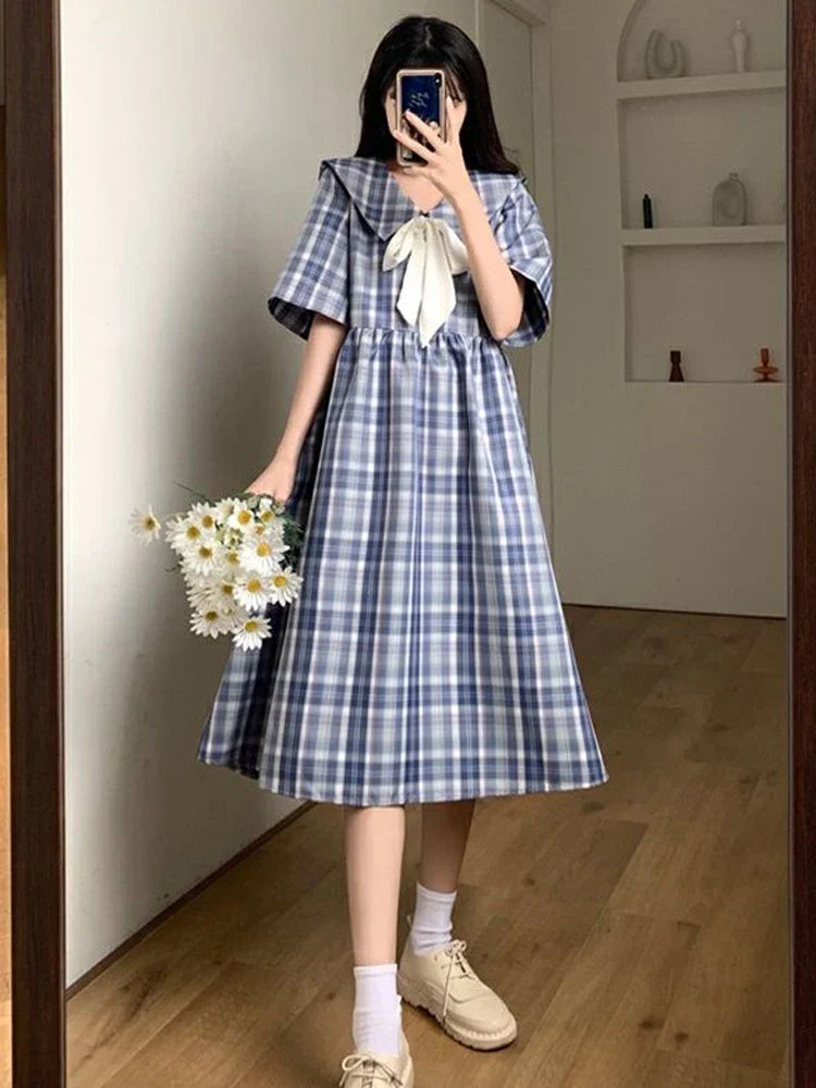 vmtvr Japan Sweet Sailor Collar Plaid Dress Women Fashion Preppy Style Cute Bow Short Sleeve Midi Dress Summer Lace Up Vestidos