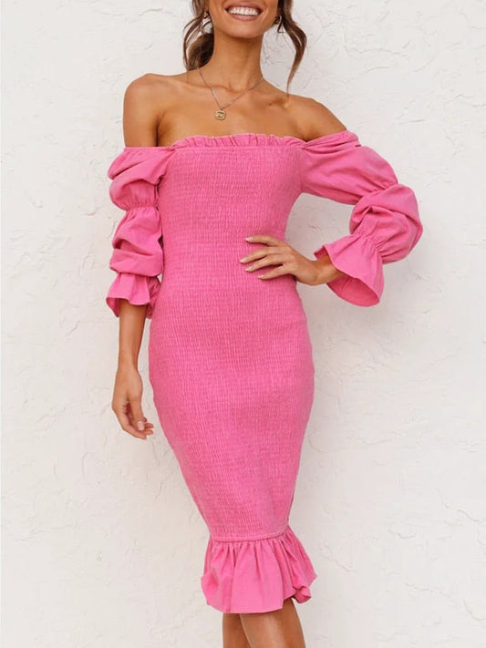 vmtvr - Foridol Off Shoulder Women Sexy Rose Red Midi Dress Long Sleeve Ruffles Trimmed Elastic Smocking Beach Summer New 2023