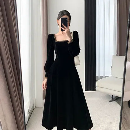 vmtvr New French Vintage Elegant Dresses for Women Long Sleeve Streetwear Office Lady Solid Square Collar New Autumn Winte Dress