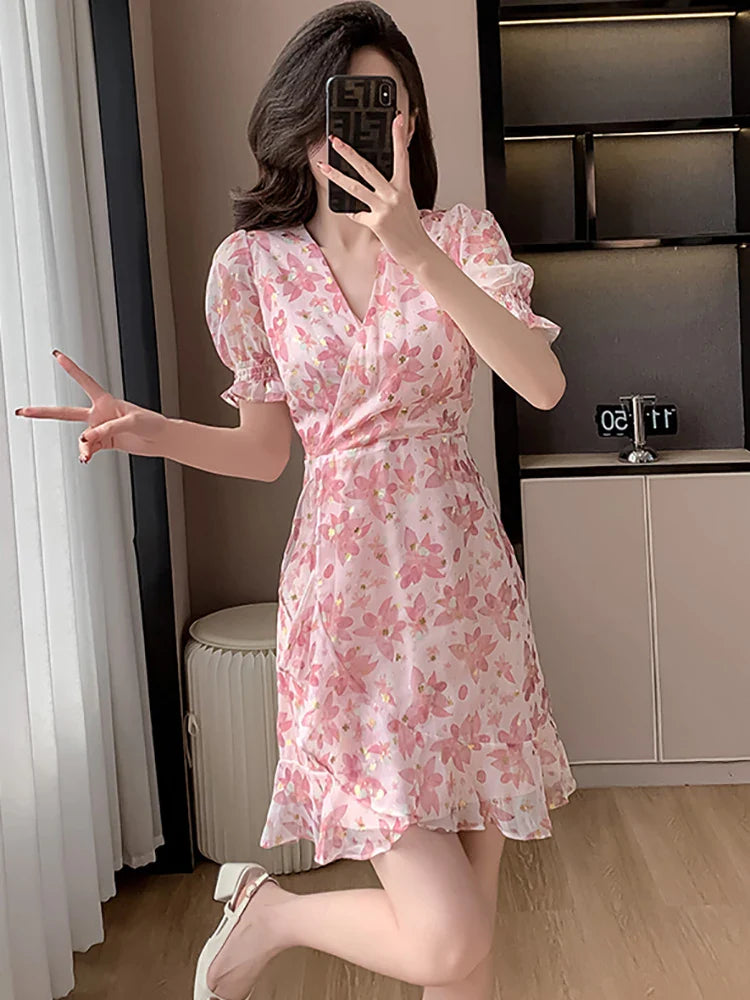 vmtvr 2024 Pink Floral Chiffon Sequins Luxury Prom Clothes Women Short Sleeve V-Neck Casual Ruffled Dress Summer Korean Fashion Dress