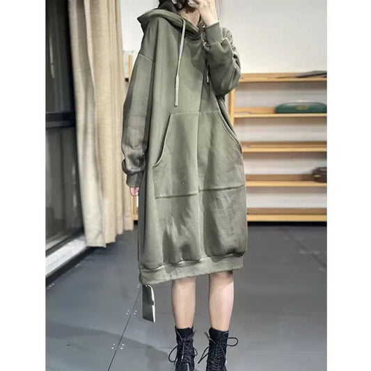 vmtvr Autumn Winter New Solid Mid Length Hooded Dress Women Patchwork Drawstring Pockets Loose Fashion Casual Warm Long Sleeve Dresses