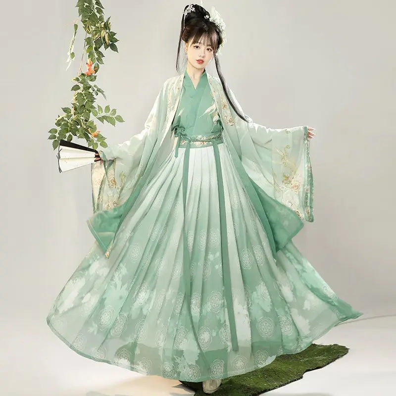 XL Chinese Hanfu Dress Women Carnival Cosplay Costume Ancient Traditional Hanfu Dress Green&Blue Print  Dance Dress Plus