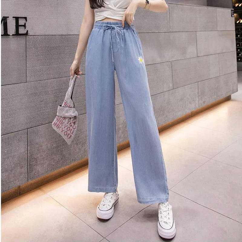 vmtvr Y2K High Waist Women Pants Korean Chrysanthemum Embroidery Loose Wide Leg Pants Summer Fashion Casual Female Ankle Length Pants