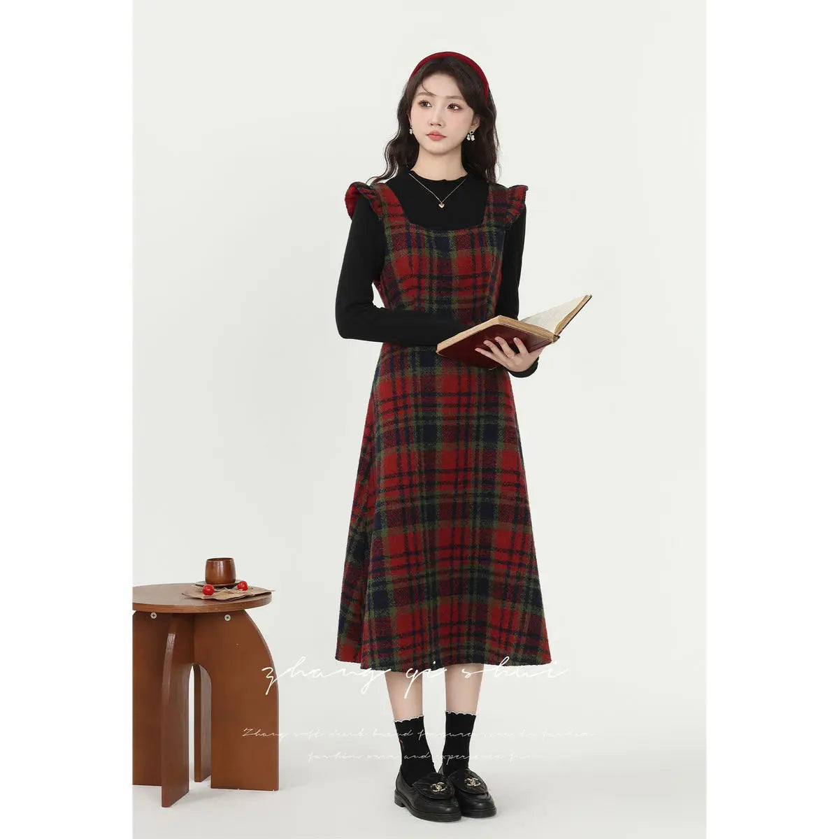 vmtvr  -  Korea Chic Feminine Vestidos Women Ruffles Elegant Retro Cute Vintage Woolen Red Plaid Shirt Dress