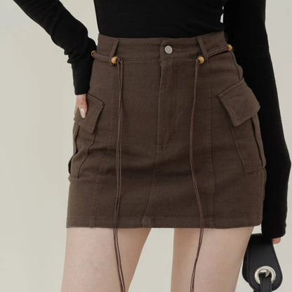 vmtvr High Waist Women Cargo Skirts Summer Fashion Bandages Streetwear Mini Skirts Korean Casual Female Pocket A Line Skirts New