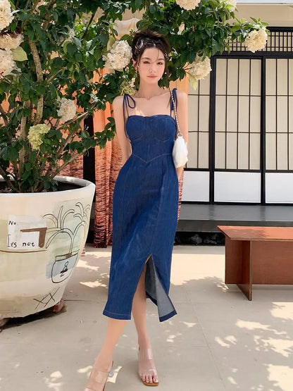 vmtvr Vintage Women Blue Elegant Denim Bandage Slip Dress High Waist Sleeveless A-line Split Jean Midi Dresses Summer Backless Fashion