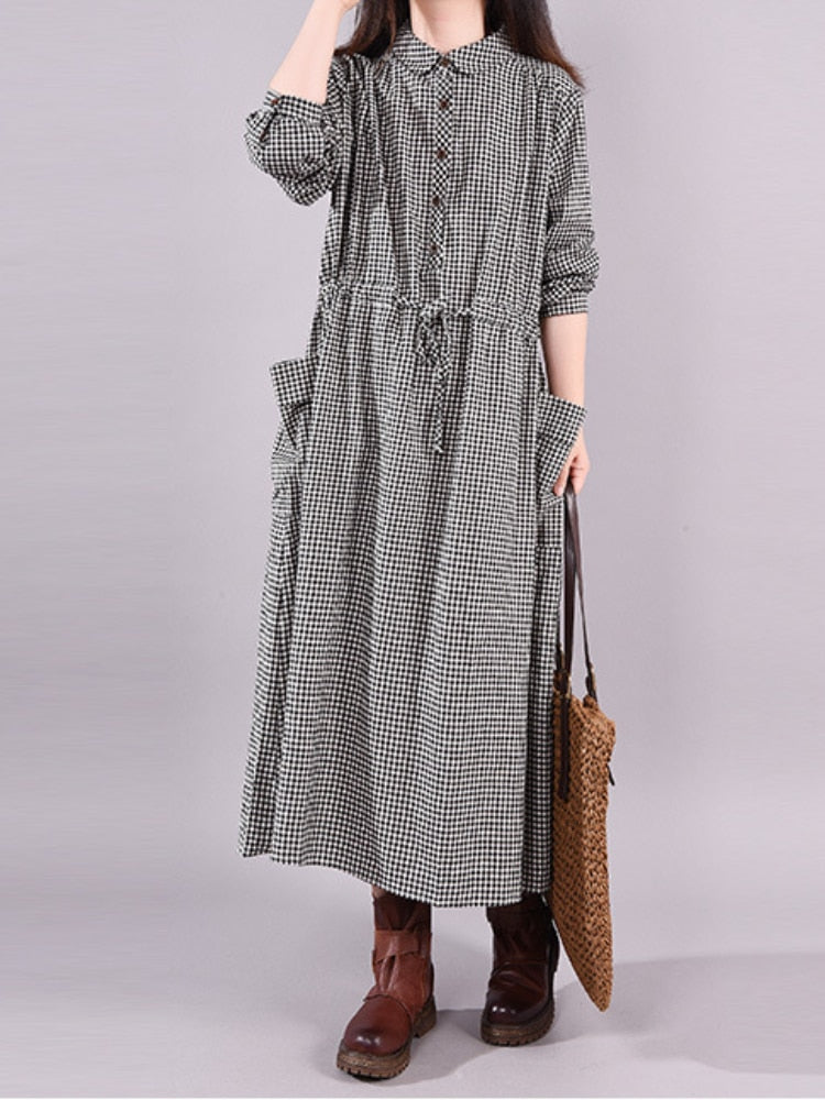 vmtvr - Dresses for Women Loose Stitching Cotton and Linen Plaid Long-sleeved Dress Women's Lace-up Waist Midi Skirt  Elegantly