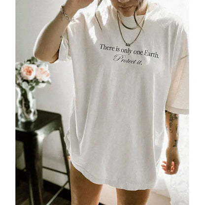 -Retro sports style outfit streetwear 90s fashion There is Only One Earth Protect it Slogan Printing Short Sleeve T shirts Female  Summer Cotton Oversize Casual Tops Tees