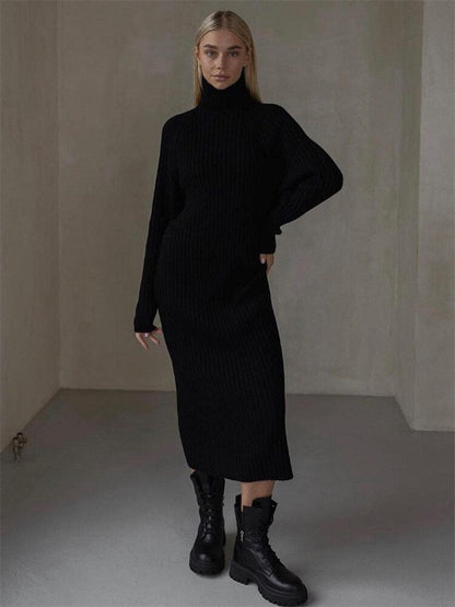 vmtvr - Autumn Knit Loose Turtleneck Maxi Dress Women Ribbed High Waist Fashion Elegant Dress Knitwear Long Sleeve Female Dress