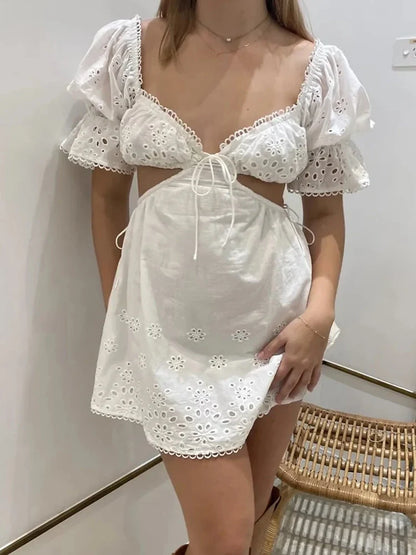 vmtvr  - Lace Summer White Dress Women Puff Sleeve Embriodery Waist Cut Out Beach Short Sexy Cotton Dress Backless Sundress