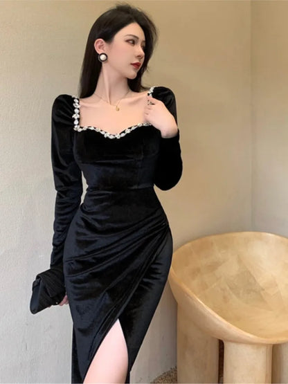 vmtvr  -  Bodycon Sexy Party Dresses Women Winter Black Evening Elegant Long Dress Ladies France Vintage Split Fishtail Vestidos Autumn