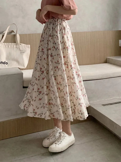 vmtvr Vintage Floral Print A-line Pleated Long Skirts Summer Women 2024 Korean Skirt Streetwear Drawstring Elastic Waist Midi Skirt