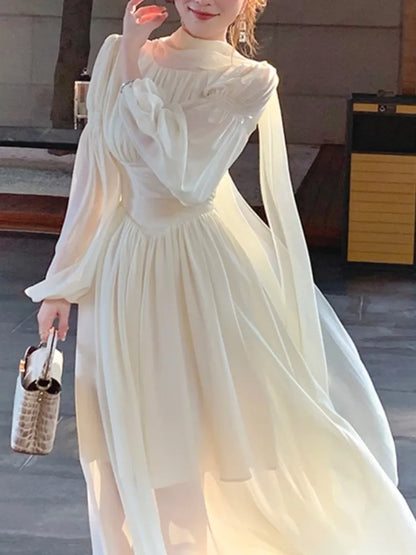 vmtvr French Elegant Slim Ruffle Dress Summer Women Graduation Evening Party Robe Female Bubble Sleeve Korean Chiffon Vestidos