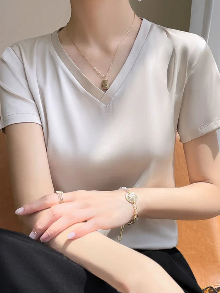 vmtvr Summer Women's T-shirt Korean Fashion Satin V-neck Tees Short-sleeved Casual LOOSE Solid Champagne White Silk T-shirts Women