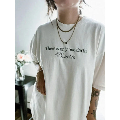 -Retro sports style outfit streetwear 90s fashion There is Only One Earth Protect it Slogan Printing Short Sleeve T shirts Female  Summer Cotton Oversize Casual Tops Tees